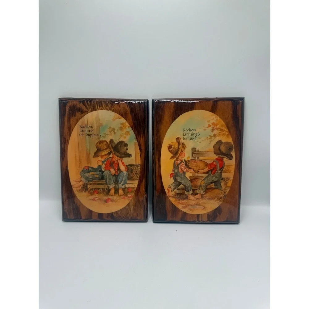 Vintage Friendly Home Parties Farm Boys Plaque Set Wood Poly-Mer Finish 2pc 8x6